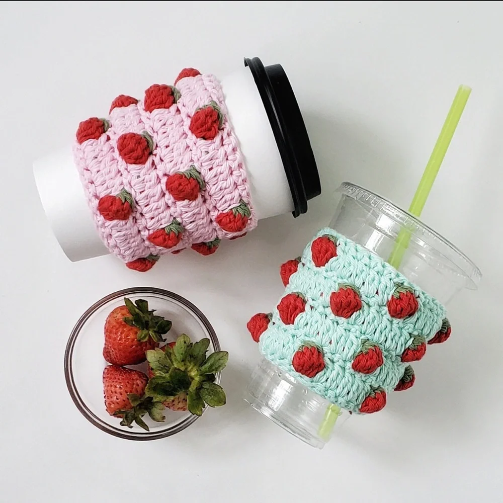 Crochet Strawberry Coffee Cozies Set of 2 - Picture 2 of 2